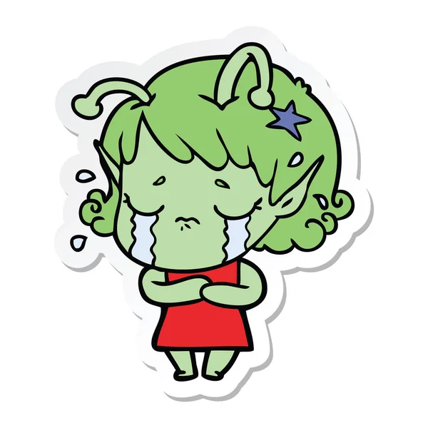 Sticker of a cartoon crying alien girl — Stock Vector