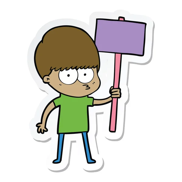 Etiqueta de um menino desenho animado nervoso segurando cartaz — Vetor de Stock