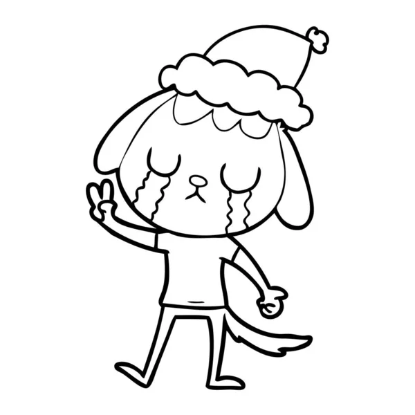 Cute line drawing of a dog crying wearing santa hat — Stock Vector