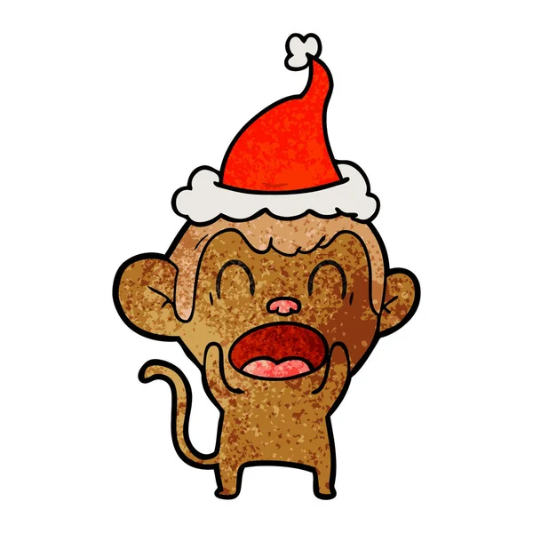 Shouting Hand Drawn Textured Cartoon Monkey Wearing Santa Hat — Stock Vector
