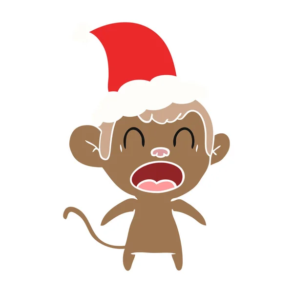 Shouting Hand Drawn Flat Color Illustration Monkey Wearing Santa Hat — Stock Vector