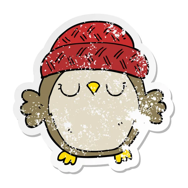 Distressed sticker of a cute cartoon owl in hat — Stock Vector