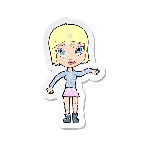 Retro noodlijdende sticker van een cartoon vrouw zwaaien hand — Stockvector