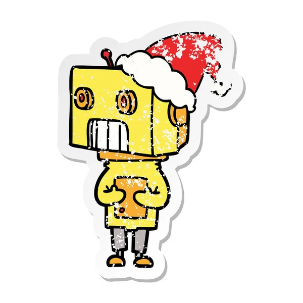 Aufkleber Karikatur eines Roboters mit Weihnachtsmütze — Stockvektor