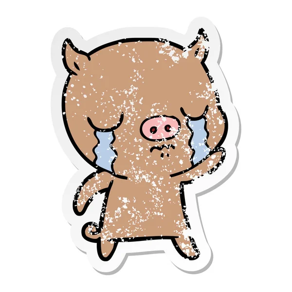 Distressed Sticker Cartoon Pig Crying Waving Goodbye — Stock Vector