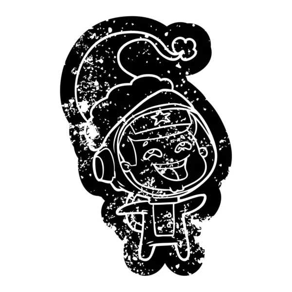 Schrullige Karikatur Verstörte Ikone Eines Lachenden Astronauten Mit Weihnachtsmütze — Stockvektor