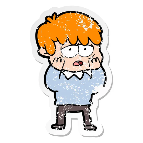 Distressed Sticker Cartoon Exhausted Boy — Stock Vector