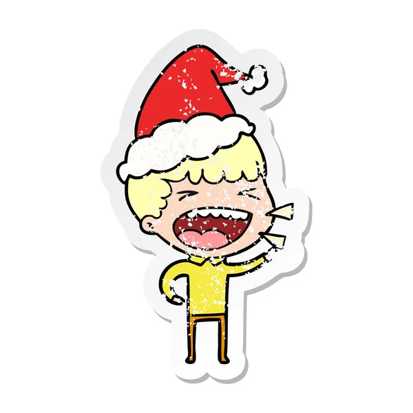 Distressed sticker cartoon of a laughing man wearing santa hat — Stock Vector