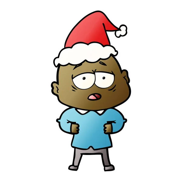 Dessin animé dégradé d'un homme chauve fatigué portant un chapeau de Père Noël — Image vectorielle