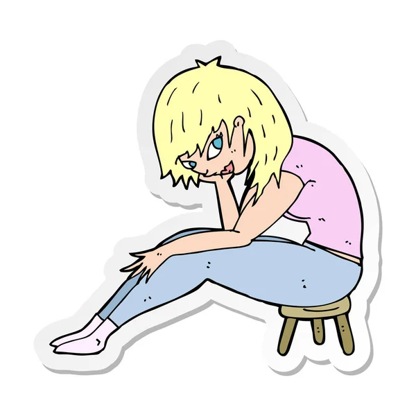 Sticker Cartoon Woman Sitting Small Stool — Stock Vector
