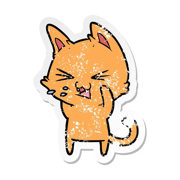 Stiker tertekan dari kartun kucing mendesis - Stok Vektor