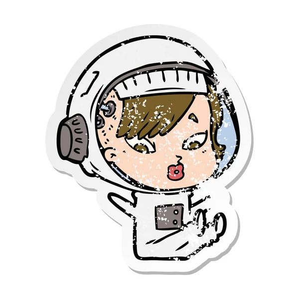 Etiqueta angustiada de uma mulher astronauta dos desenhos animados — Vetor de Stock