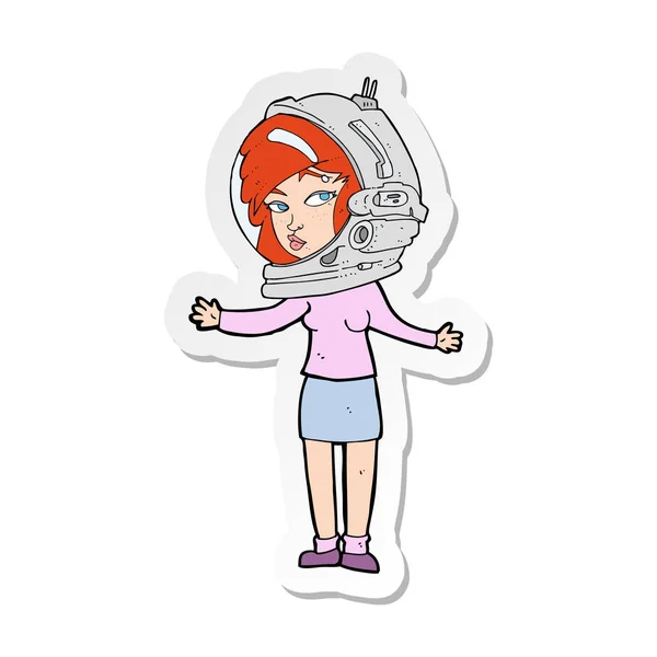 Klistermärke på en tecknad kvinna bär astronaut hjälm — Stock vektor