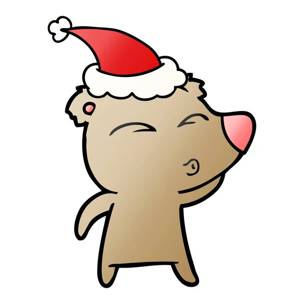 Hand Drawn Gradient Cartoon Whistling Bear Wearing Santa Hat — Stock Vector