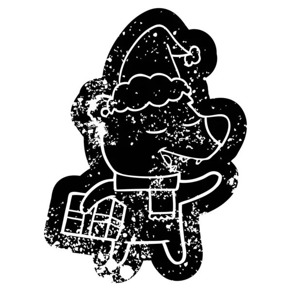 Skurrile Karikatur Verzweifelte Ikone Eines Bären Mit Geschenk Trägt Weihnachtsmütze — Stockvektor