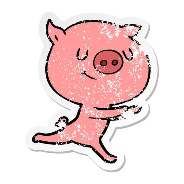 Autocollant de détresse d'un cochon de dessin animé heureux — Image vectorielle