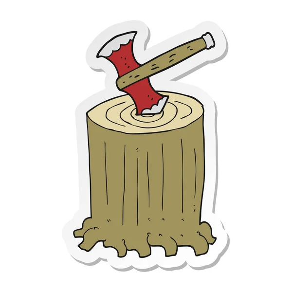 Etiqueta de um toco de árvore de desenhos animados e machado —  Vetores de Stock