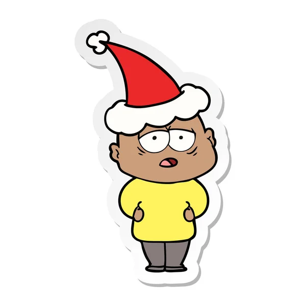 Sticker cartoon of a tired bald man wearing santa hat — Stock Vector