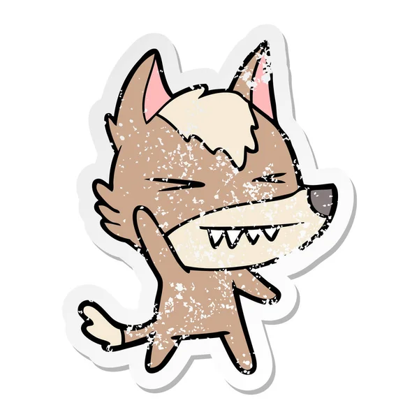 Verontruste sticker van een cartoon van de boze wolf — Stockvector