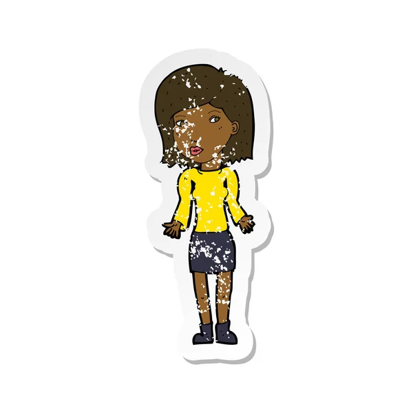 Retro Distressed Sticker Cartoon Woman Shrugging Shoulders — Stock Vector