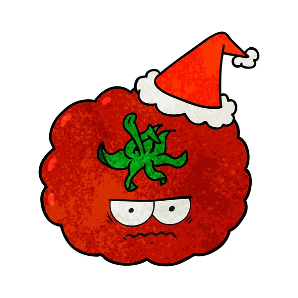 Textured cartoon of a angry tomato wearing santa hat — Stock Vector