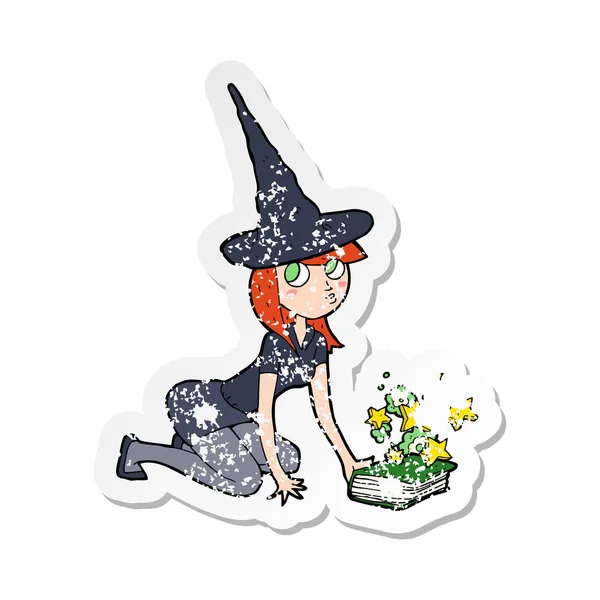 Retro Distressed Sticker Cartoon Witch Spell Book — Stock Vector