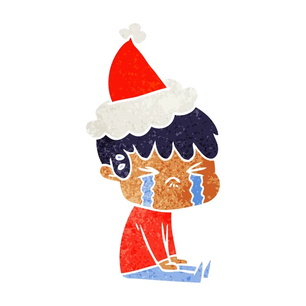 Retro karikatür giyen Noel Baba şapkası ağlayan bir çocuk — Stok Vektör