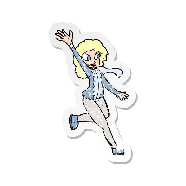 Retro Noodlijdende Sticker Van Een Cartoon Vrouw Zwaaien Gekleed Voor — Stockvector