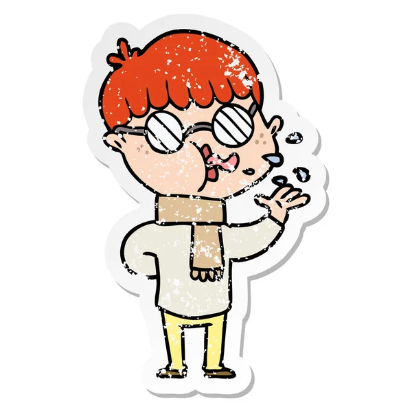 Verontruste sticker van een jongen van de cartoon dragen van bril — Stockvector