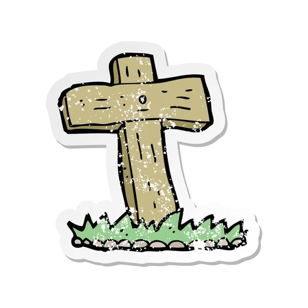 Retro Distressed Sticker Cartoon Wooden Cross Grave — Stock Vector