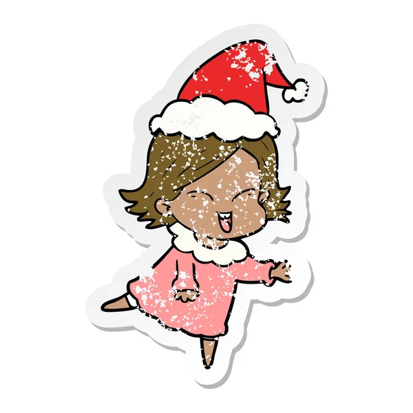 Glückliche Hand Gezeichnete Verzweifelte Sticker Karikatur Eines Mädchens Mit Weihnachtsmütze — Stockvektor