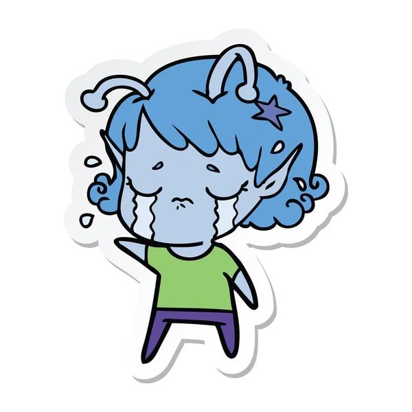 Sticker Cartoon Crying Alien Girl — Stock Vector