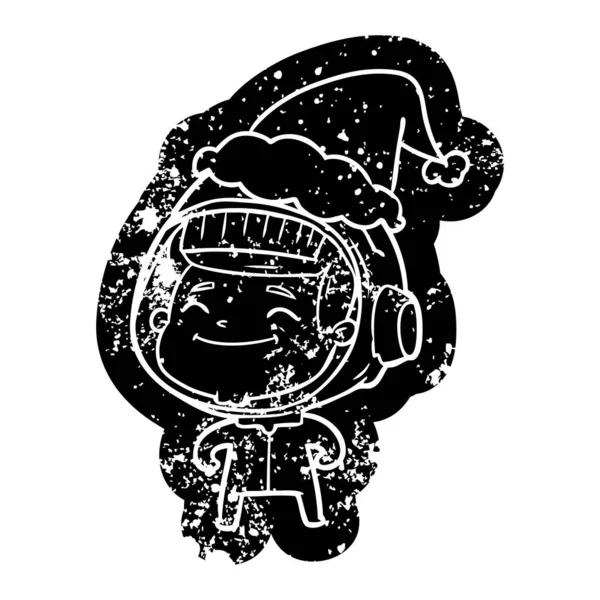 Glücklicher Cartoon verzweifelte Ikone eines Astronauten mit Weihnachtsmütze — Stockvektor
