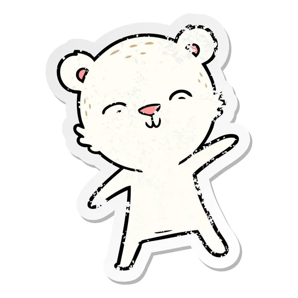 Distressed sticker of a happy cartoon polar bear pointing — Stock Vector