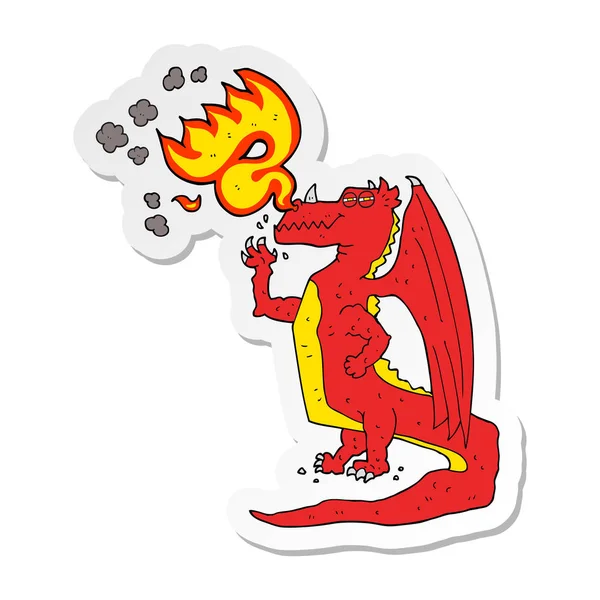 Pegatina de una caricatura feliz dragón respirando fuego — Vector de stock