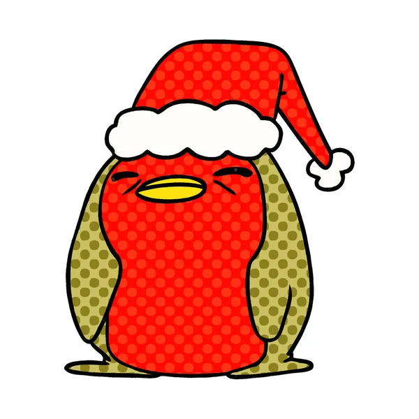 Ručně Kreslené Vánoční Kreslené Kawaii Robin — Stockový vektor