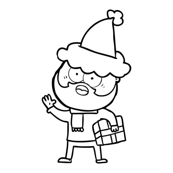 一个留胡子的人的线条画与目前戴着圣诞老人的帽子 — 图库矢量图片