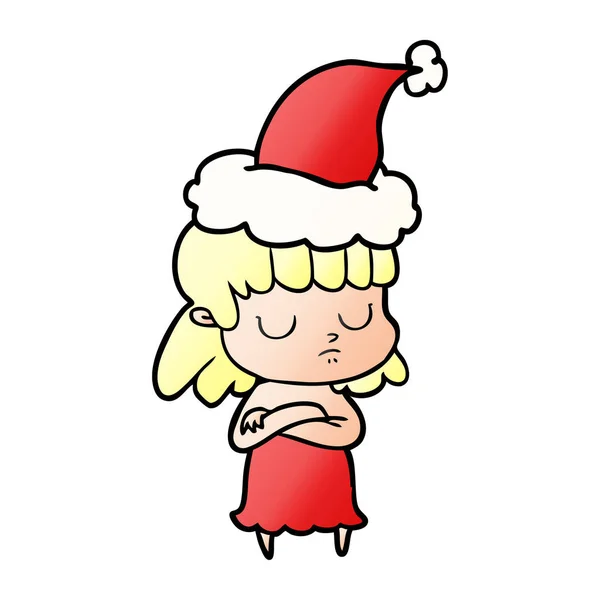 Dessin animé dégradé d'une femme indifférente portant un chapeau de Père Noël — Image vectorielle