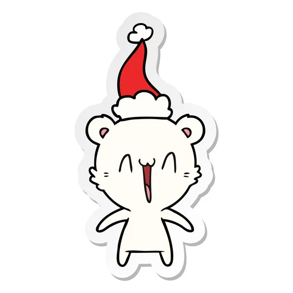 행복 한 곰 스티커 만화 입고 산타 모자 — 스톡 벡터