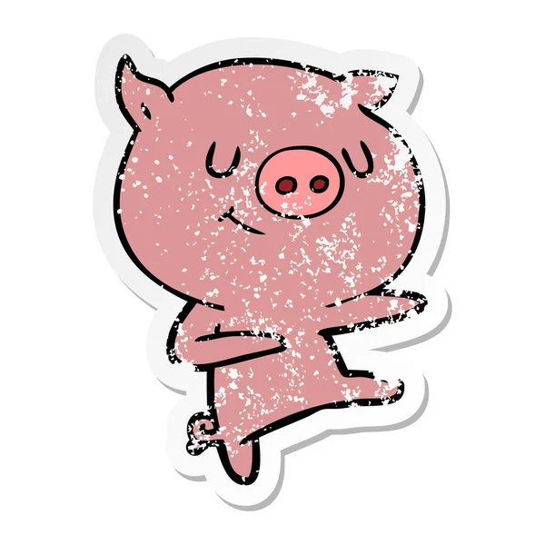 Autocollant de détresse d'un cochon de dessin animé heureux dansant — Image vectorielle