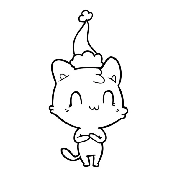 Vonalas rajz egy boldog macska viselt santa kalap — Stock Vector