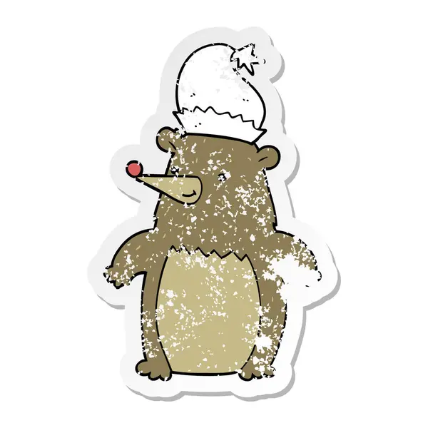 Adesivo Angosciato Orso Dei Cartoni Animati Che Indossa Cappello Natale — Vettoriale Stock