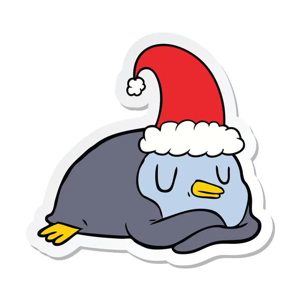 Sticker Cartoon Penguin Wearing Christmas Hat — Stock Vector