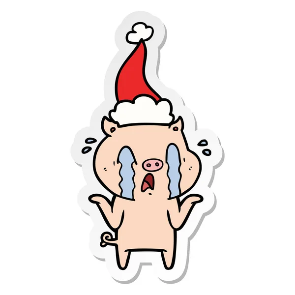 Crying Pig Hand Drawn Sticker Cartoon Wearing Santa Hat — Stock Vector