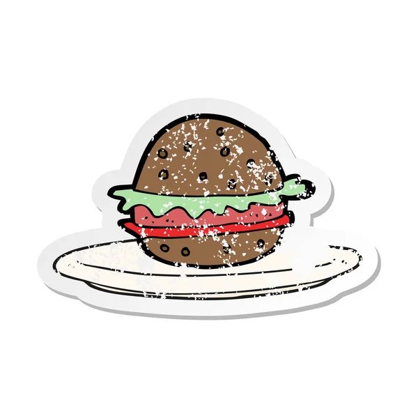 Retro distressed sticker of a cartoon burger on plate — Stock Vector