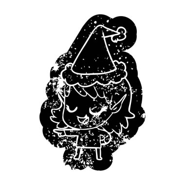 mutlu ilginç çizgi film simgesi giyen Noel Baba şapkası işaret eden bir elf kızın sıkıntılı