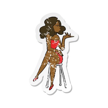 bar tabure oturan bir karikatür kadının Retro sıkıntılı etiket