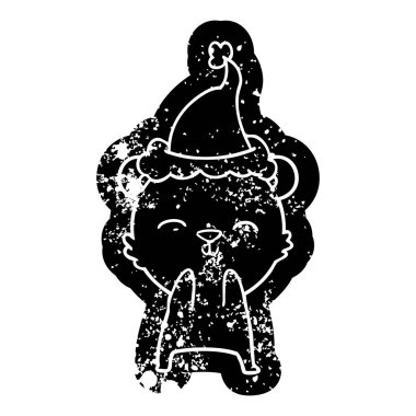 Noel Baba şapkası giyen bir kutup ayısı mutlu karikatür sıkıntılı simgesi