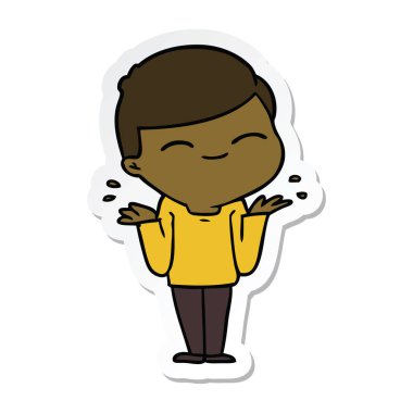 etiket omuzlarında shrugging bir karikatür gülümseyen çocuk