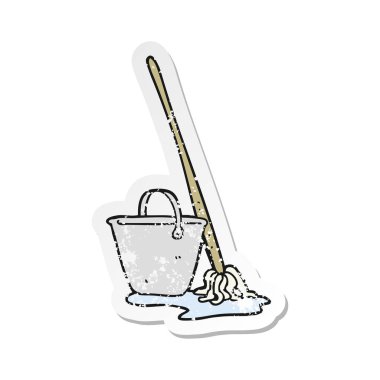 bir çizgi film paspas ve kova Retro sıkıntılı etiket